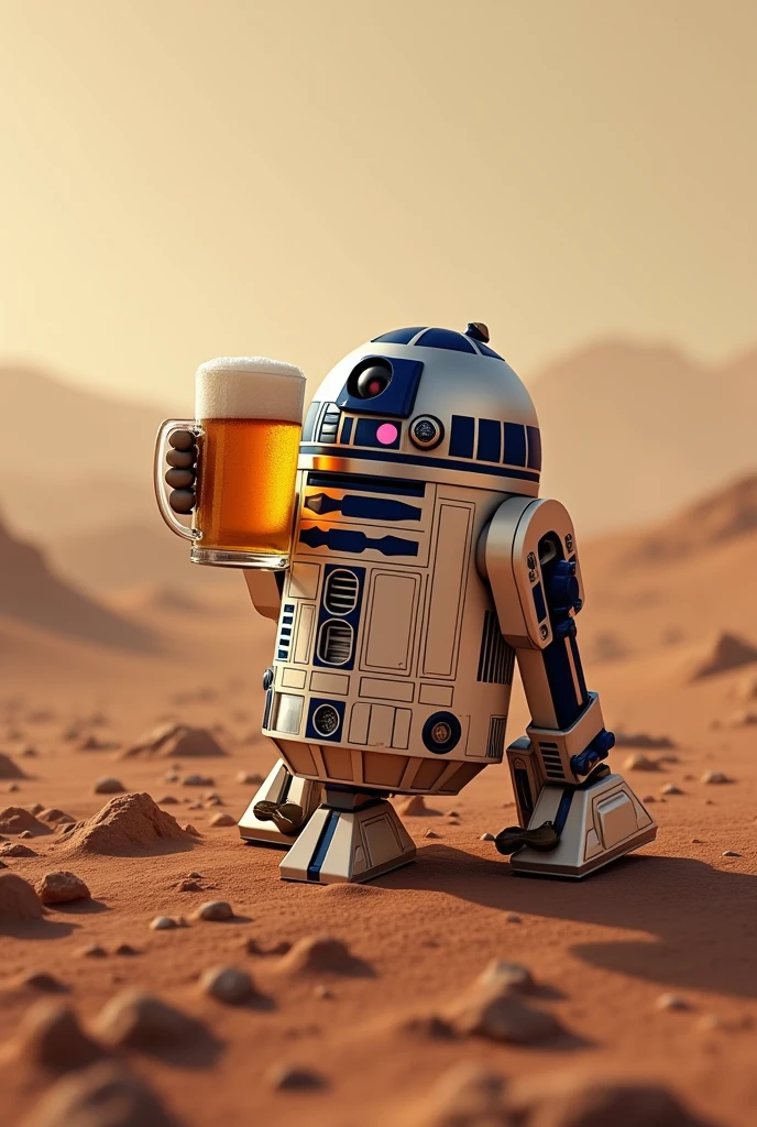 Make a picture of r2d2 drinking beer on mars