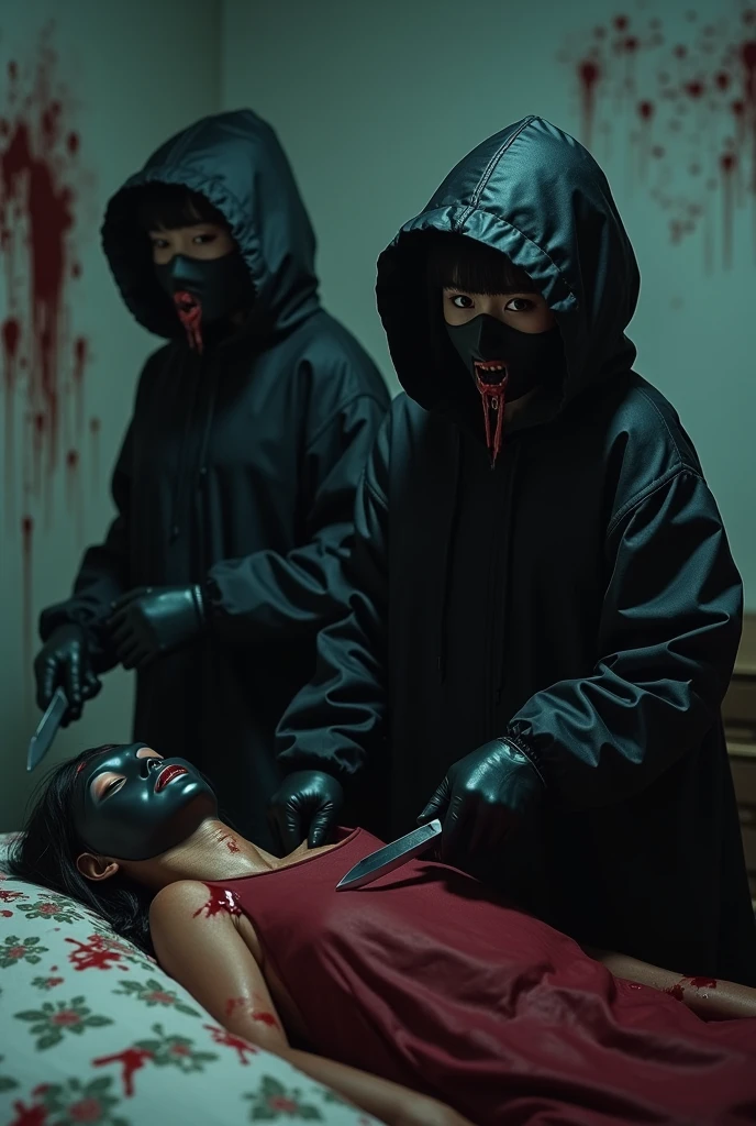 2 korean girls, (behind stiff, black surgical mask), stabbing, holding knife, black leather gloves, bloody room, black raincoat, hood up, girl only, bloody knife, leather gloves, woman on top, bed room, blood splatter, night, mass murderer, killer, blood splatter, bloody room, behind cadaver, close up
