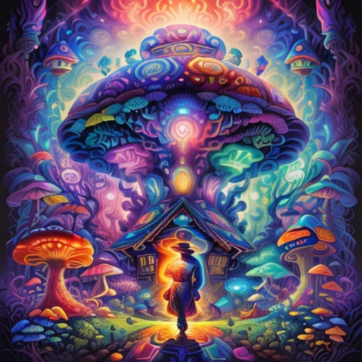 arafed man with a hat and a mushroom hat on, dan mumford and alex grey style, trippy art, anton fadeev and dan mumford, el bosco and dan mumford, trippy mushroom, beeple and jeremiah ketner, dmt realm, dmt art, psychedelics, psychedelic mushrooms dream, dmt visuals, trippy visuals, dmt trip