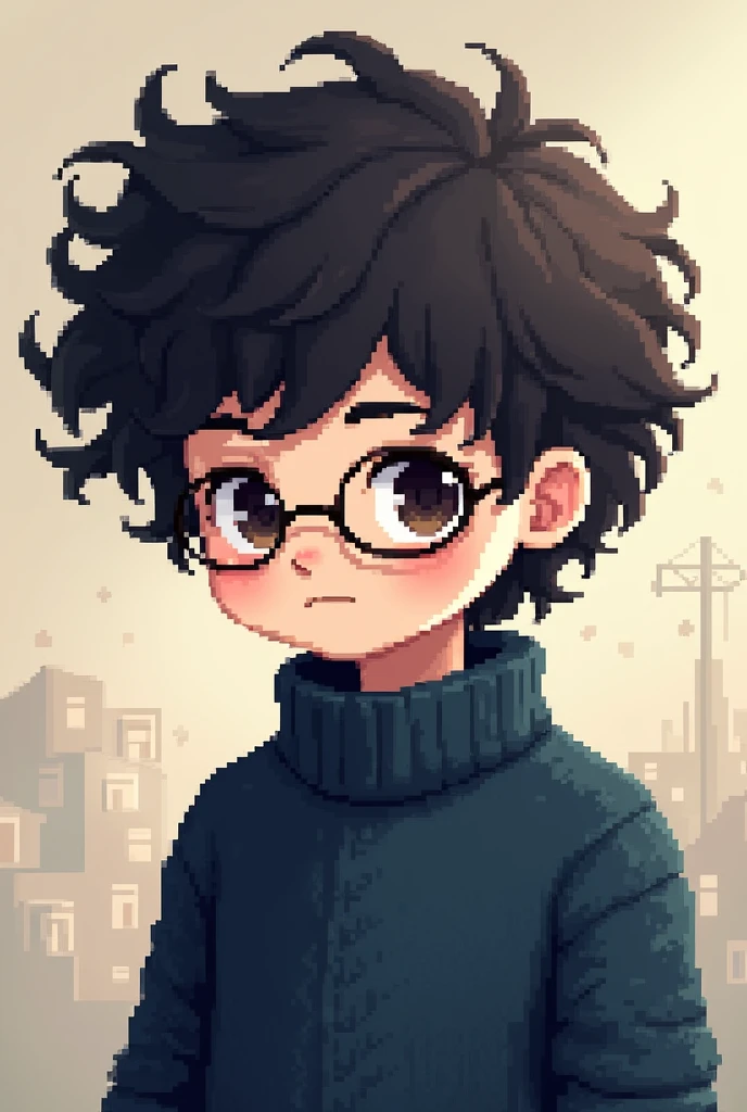 Pixel boy with black curly hair, wearing glasses and a dark blue sweater