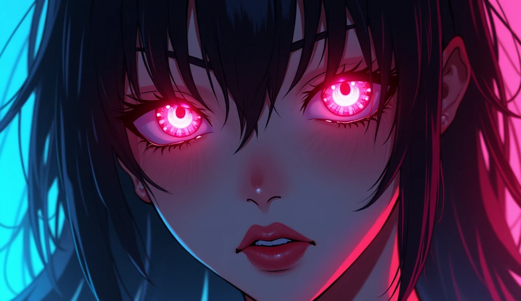 sexy cyberpunk sexy anime art thereal close up sexy glowing neon eyes sexy makeup eyes sexy lips sexy nose sexy face art thereal face sexy