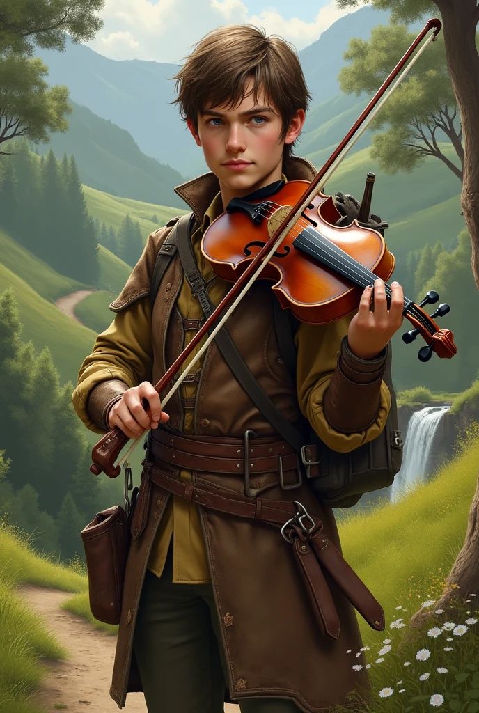 A 20 year old male hobbit wearing leather armor with a violin. He has short brown hair