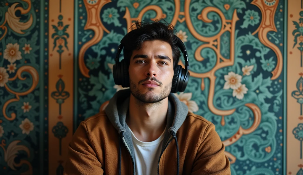 A man with headphone in music mood beautiful Islamic wallpaper