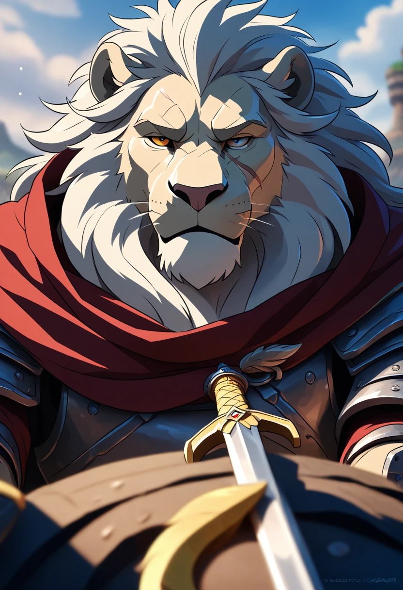 A commander, male,40 years old，Grandpa， solitary, ((Round Face, The face is plump,Orange eyes, scars)), ((Endomorph, Handsome，Hot Blood)), （broken armour，red cape, No electricity，exhaustion), ((domestic lion, white lion, commander lion) Fluffy fur, Fluffy), Bokeh, (high quality, high resolution, masterpiece), (Dynamic Lighting, Vibrant color), (Revitalize，harm，Disdain), Full body picture, cartoon, author：Takemoto Arashi, From zixiong, By Chunni, author：Empty Ghost，（background：Battlefield, cloudy night）(by bontiage:1), ultra-detailed, portrait, cinematic lighting, dramatic shadows, moody lighting, gritty, rugged, muscular, grease stained, dirty, mucky, greasy, rough, mature, intense expression, piercing gaze.
