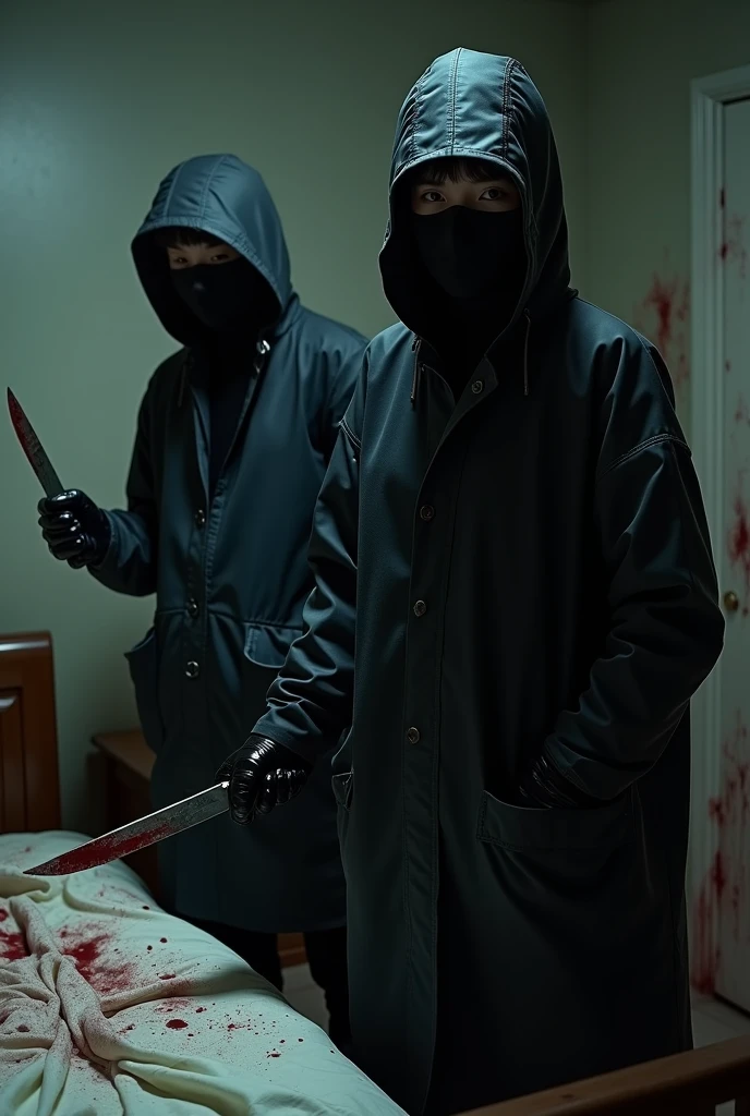 2 korean girls, (behind stiff, black surgical mask), stabbing, holding knife, black leather gloves, bloody room, black raincoat, hood up, girl only, bloody knife, leather gloves, woman on top, bed room, blood splatter, night, mass murderer, killer, blood splatter, bloody room, behind cadaver, close up
