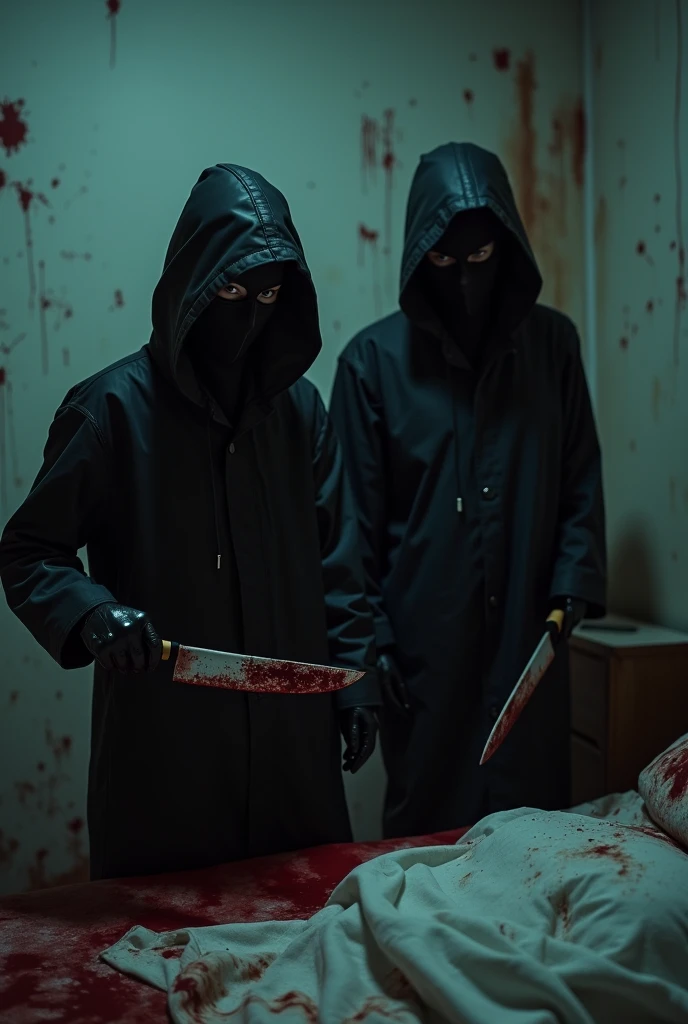 2 korean girls, (behind stiff, black surgical mask), stabbing, holding knife, black leather gloves, bloody room, black raincoat, hood up, girl only, bloody knife, leather gloves, woman on top, bed room, blood splatter, night, mass murderer, killer, blood splatter, bloody room, behind cadaver, close up