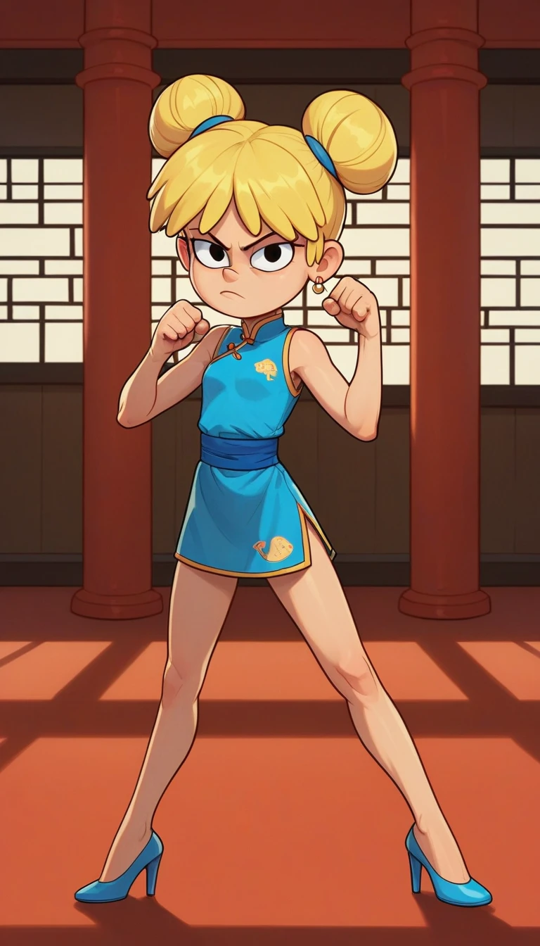 lori loud, 1girl, solo, 7yo girl, blue cheongsam,  inside of a chinese style temple, child, looking at viewer, blonde hair, short hair, two hair buns , hands  score_9, score_8_up, score_7_up, high heels,teep fighting stance,martial arts