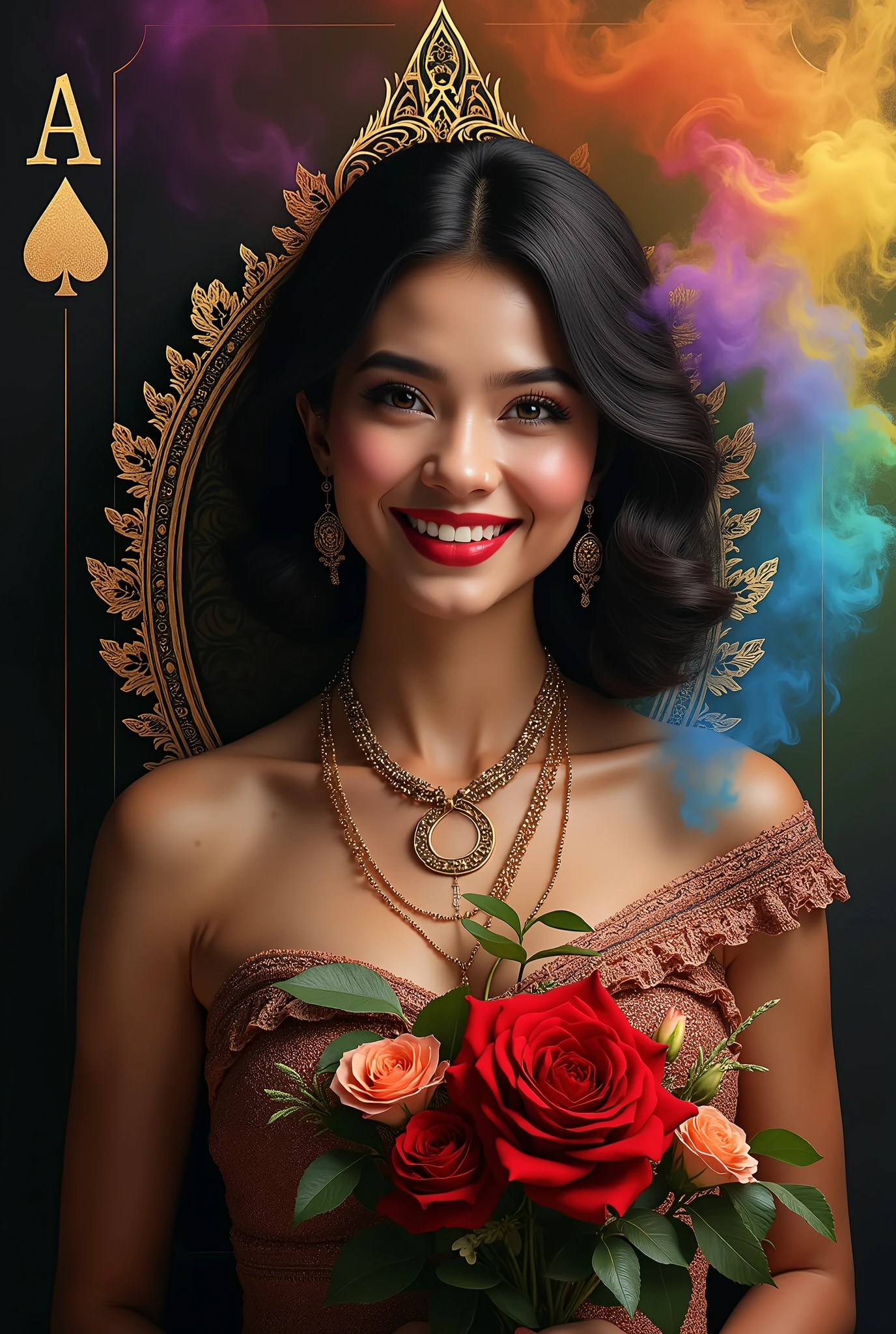 Hyper realistic detailed faces and best eyes a Venezuela very very beautiful woman, smile very attractive, appears, breaks through the ace card wearing a kebaya, and sarong, matching shoes, holding flowers. The background is a gradient of black and golden with rainbow colored Smoke vivid colors art hyper realistic, unbelivable focus scene, super sharp, super portrait face, masterpiece, UHD, 18K
