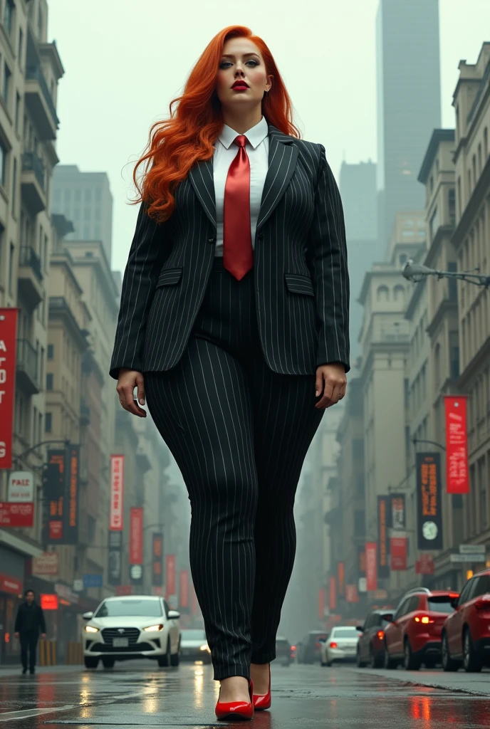 , giga giantess art, standing on a city, in the middle of a city,curvy figure, hourglass figrue, thin figrueblack pinstriped three-piece suit, crisp white form hugging tailored shirt, thick metallic red tie properly worn, Has ginger waist-length hair,Wearing a pair of platform heels, young adult woman, waist-length hair,Wearing a pair of red platform heels,distance shot, A look of enjoyment, Beautiful appearance, smile, view from space, giga giantess