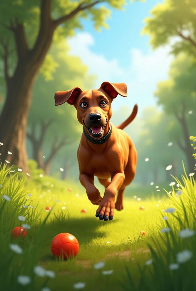 Adult brown Rhodesian Ridgeback female dog with left ear up playing in the grass with a toy ball like Pixar