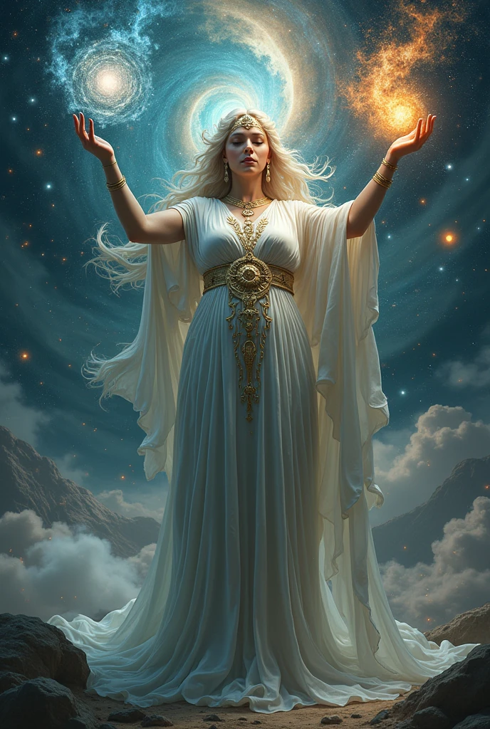 greek goddess of wrath and serenity, keeper of the cosmic equilibrium, a goddess that possess two powers, chaos and order, and is said to be the creator of everything, that keeps balance between life and death, chaos and order, and holds two artifacts depicting her powers.