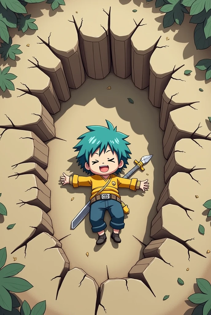In the middle of a deep, cracked ground shaped like a dinosaur's footprint, a chibi boy with sea blue hair in an anime style lies flat on his face. He's wearing a flimsy paper outfit inspired by the swordsman class from Ragnarok, complete with a makeshift paper sword and shield. The boy's tiny, comical figure contrasts sharply with the enormous footprint, making the scene absurdly funny. His yellow shirt, now crumpled, and his sword and shield, which are nothing more than flimsy pieces of paper,