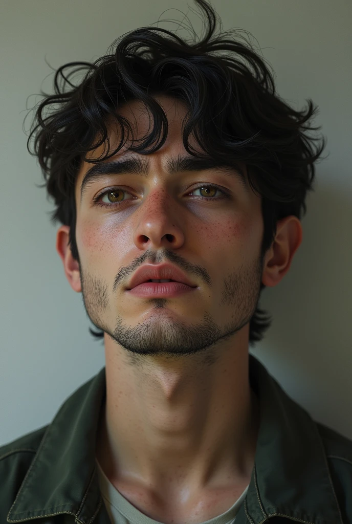 A young man around 18 to 2 with depressed face with little light beard in a very realistic tone video