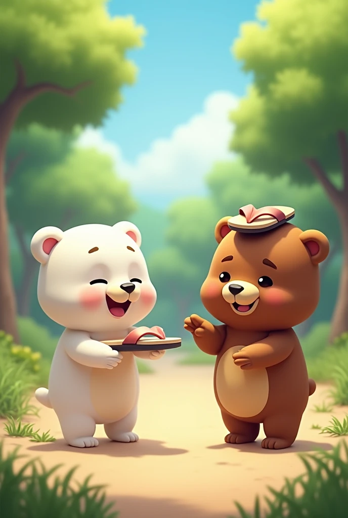 A high quality image of the internet famous animated bears known as Bubu and Dudu , where bubu is white and dudu is brown , where bubu is throwing a flip flop to dudu and it is on his forehead with a background of them in a park