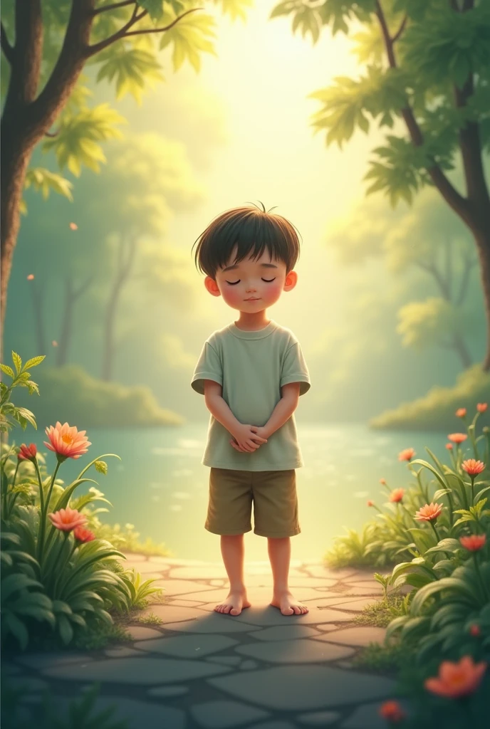 A boy or girl in a relaxed posture, standing or sitting, with eyes closed and hands on the abdomen, breathing deeply image for kids