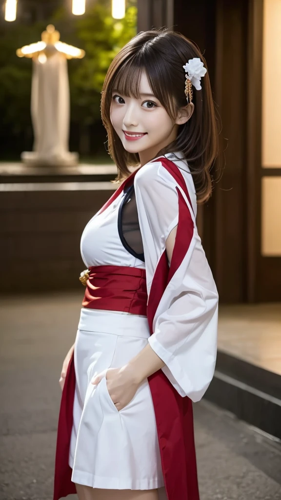 masterpiece, Highest quality, figure, Very detailed, In detail, High resolution, 8k wallpaper, Perfect dynamic composition, Beautiful eyes with attention to detail, slender, Wavy medium hair, Beautiful, firm, medium-sized breasts, Sexy Face, Clean and mature face, Random sexy poses, smile, (Photo taken from a distance, from the front:1.5, Front view:1.5), (Shrine at night), The highest grade shrine maiden, Short skirt, Her breasts are visible through the gaps in her clothes