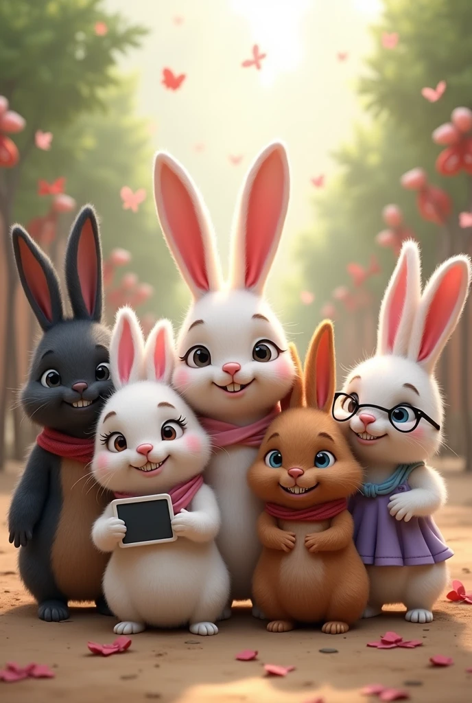Group of 7 cute bunnies. The first bunny has a piercing in her mouth., She has long black hair and is fleshy fur. The second bunny is white and pink with a huge butt and huge breasts with short golden hair. The third bunny has brown fur and short curly hair and wears braces. The fourth bunny is white with long hair and wears glasses and has an iPad. The fifth bunny has brown fur with pink and black hair and wears glasses with a purple shirt. The sixth bunny is brown with long black hair and wears glasses and has a dress to dance salsa. The seventh bunny is white with medium hair, wears glasses and is super cute.