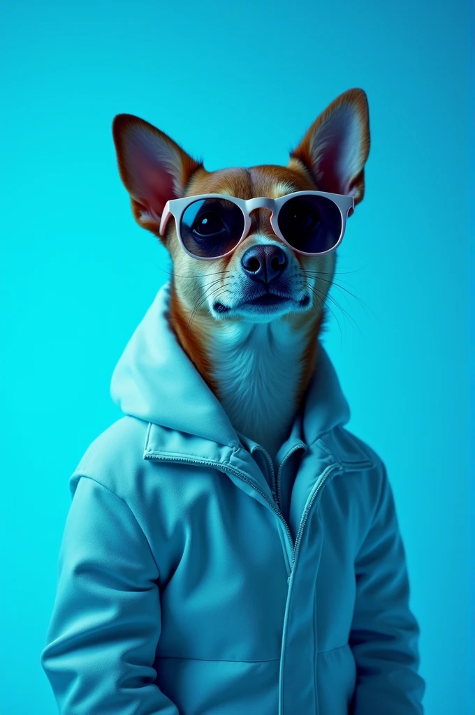 The best cell phone wallpaper, Award-Winning Wallpaper, portrait photography, In the front view is a portrait of a cute dog wearing mid-1960s space age fashion, Side view photo, Shot with Canon EOS R5, Set a strong contrast that accentuates the subject, Fluorescent blue tone, Wearing a very modern coat and sunglasses is a modern 1960s style, Clothes all in one color, beautiful background
