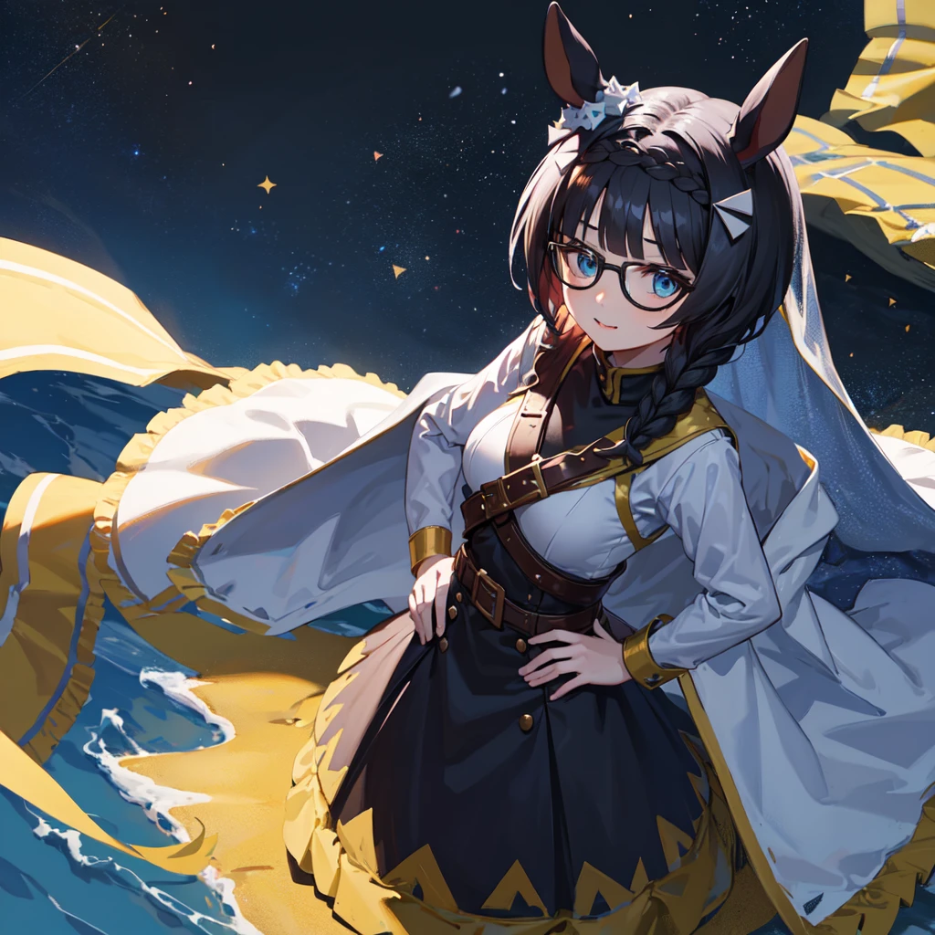 solo、Alone、1Alone。masterpiece, uhd, best quality, highres, 8k、(noline:1.5)、(flat2-dim1:1.5)、shoot from above、upper body shot。Girl with horse ears、beautiful girl、wear black glasses。Big Breasts、Light pink lip、Smile。hair ornaments、necklace。turtleneck、Dark green dress、sweater、Attached sleeves、Thick Yarn、Mesh pattern、knitting、Veil、Veil、Cape、beret。The body is turned diagonally to the side、Hands on hips。breeze、Starry Sky、cliff