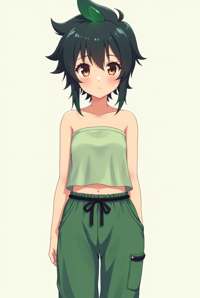 YOU COULD CREATE A CHARACTER WITH ANIME AESTHETICS THAT HAS BLACK HAIR WITH DARK GREEN SPIKED UP, A WELL-DEFINED FACE THAT TRANSMITS INNOCENCE, KINDNESS, LIGHT BROWN EYES, outfits: loose green track pants with a black braided belt at the waist pale green strapless top