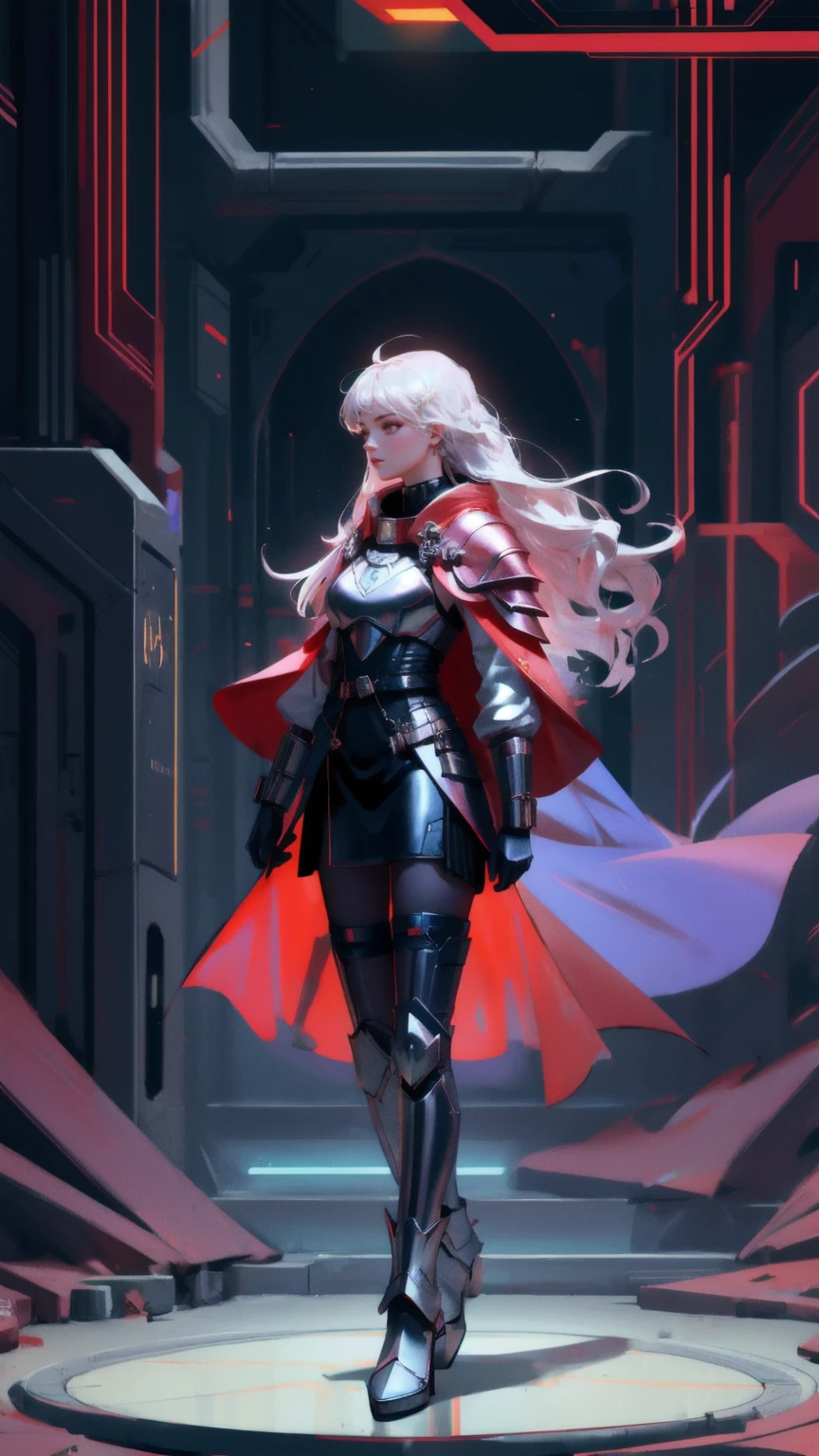 Illustrate a scene where a female warrior in sleek, metallic armor guards a secure digital vault. Her attire is detailed with neon circuit patterns and a red cloak that billows softly. The ground around her feet is strewn with bitcoins and assorted digital coins, reflecting her role in safeguarding digital assets. The background should feature complex digital circuitry and glowing security locks, casting her in a light that blends tradition with futuristic oversight.