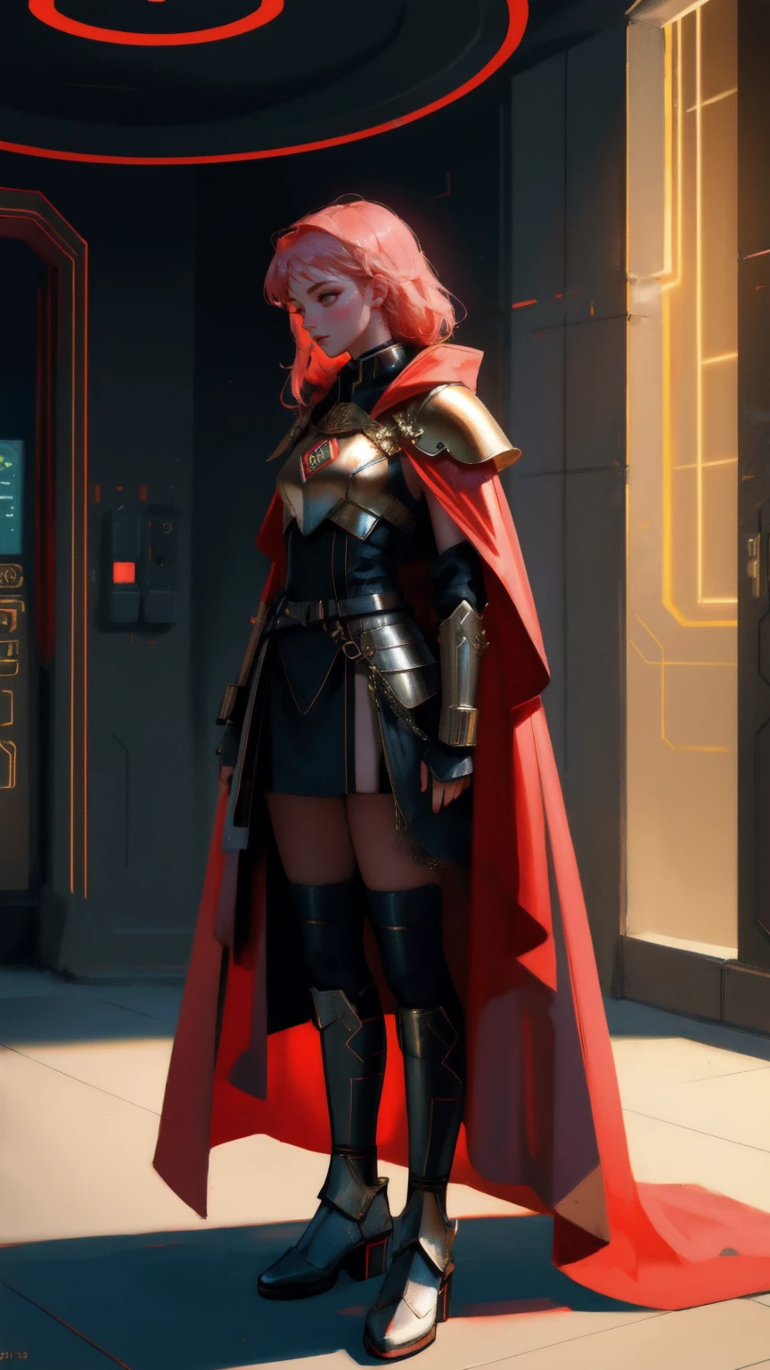 Illustrate a scene where a female warrior in sleek, metallic armor guards a secure digital vault. Her attire is detailed with neon circuit patterns and a red cloak that billows softly. The ground around her feet is strewn with bitcoins and assorted digital coins, reflecting her role in safeguarding digital assets. The background should feature complex digital circuitry and glowing security locks, casting her in a light that blends tradition with futuristic oversight.