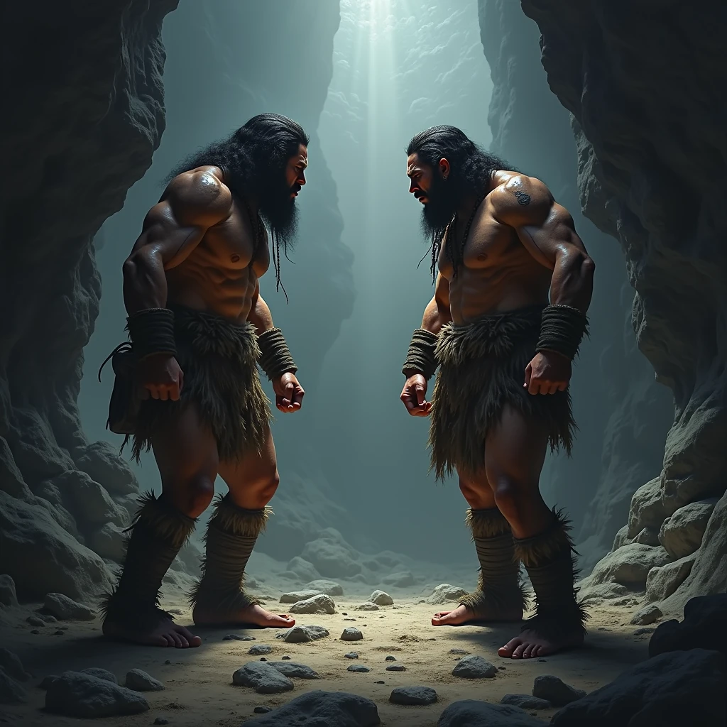 two cavemen who look a bit alike staring at each other, one with an angry face and the other with a calm and good face, the image must have a dark and mysterious air they are on a mountain of rocks the sky opens a ray over the man who has a pleasant face