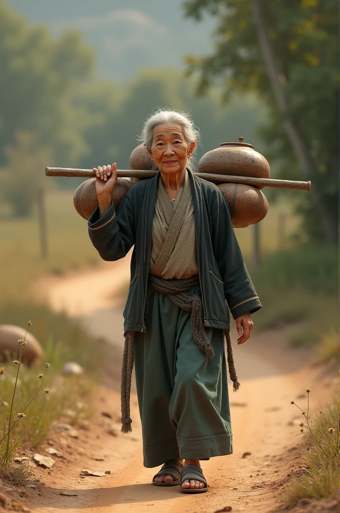 a elderly woman walking along a dirt path, balancing a pole with two pots on her shoulders, steady and unhurried gait, peaceful expression, beautiful detailed eyes, beautiful detailed lips, extremely detailed face, longeyelashes, traditional asian clothing, (best quality,4k,8k,highres,masterpiece:1.2),ultra-detailed,(realistic,photorealistic,photo-realistic:1.37),intricate details,natural lighting,warm color tones,environmental portrait,environmental photography,cinematic lighting