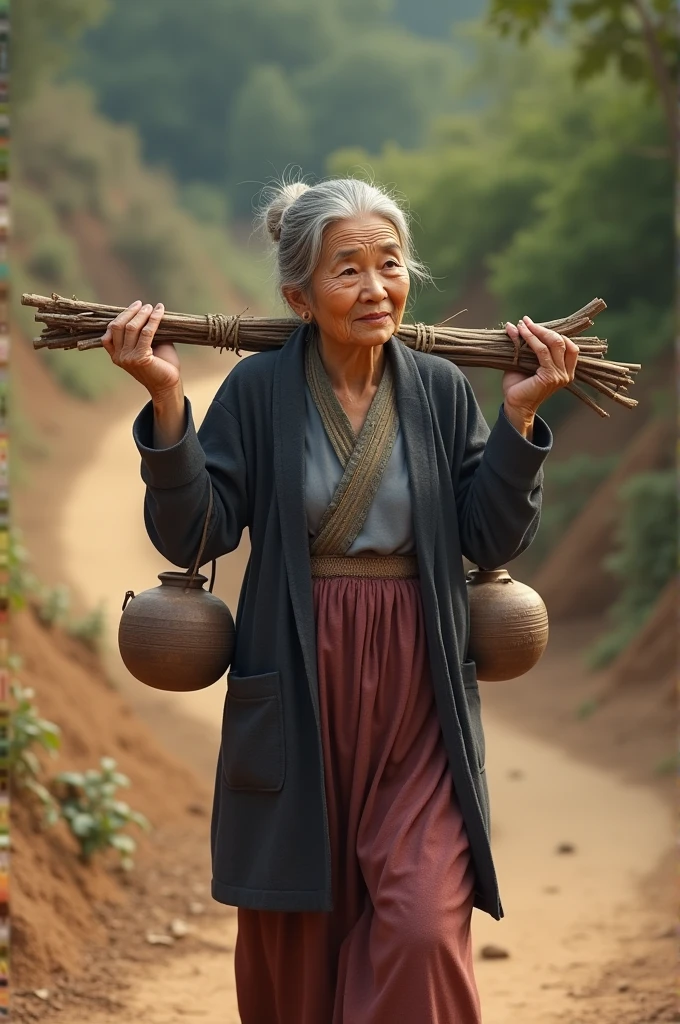 a elderly woman walking along a dirt path, balancing a pole with two pots on her shoulders, steady and unhurried gait, peaceful expression, beautiful detailed eyes, beautiful detailed lips, extremely detailed face, longeyelashes, traditional asian clothing, (best quality,4k,8k,highres,masterpiece:1.2),ultra-detailed,(realistic,photorealistic,photo-realistic:1.37),intricate details,natural lighting,warm color tones,environmental portrait,environmental photography,cinematic lighting