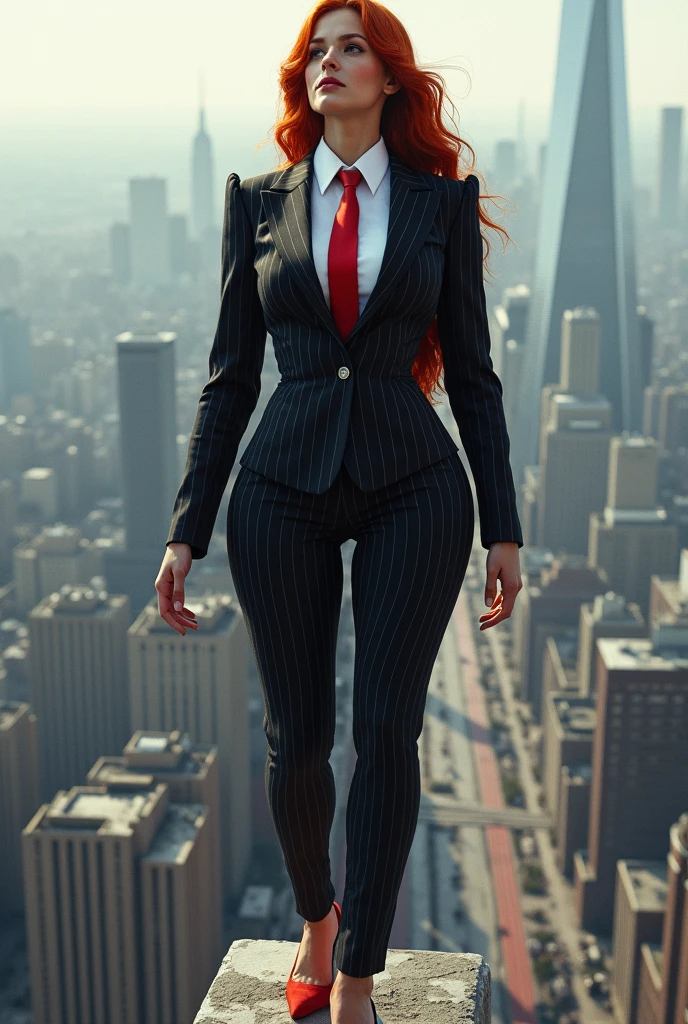 , giga giantess art, standing on a city, in the middle of a city,curvy figure, hourglass figrue, thin figrue, black pinstriped three-piece suit, crisp white form hugging tailored shirt, thick metallic red tie properly worn, Has ginger waist-length hair,Wearing a pair of platform heels, young adult woman, waist-length hair,Wearing a pair of red platform heels,distance shot, A look of enjoyment, Beautiful appearance, smile, view from space, giga giantess
