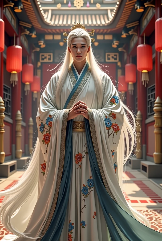 Best quality, Art, fantasy style, magic, handsome young guy, long white hair, pretty face, Hanfu, ancient chinese clothing, stands in an ancient Chinese palace,