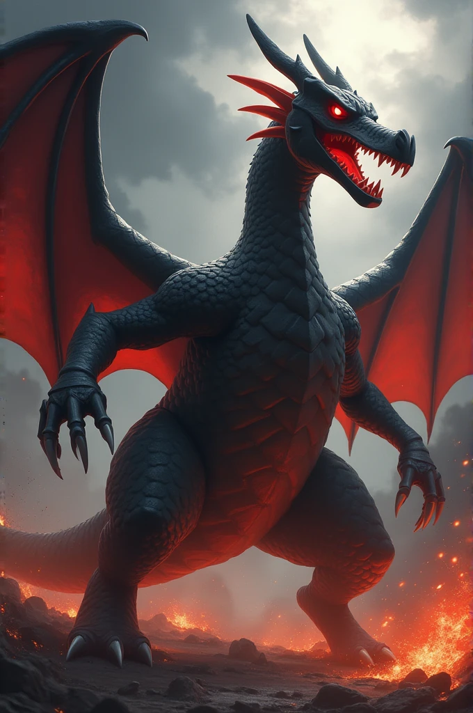 a dragon,wing, fire coming out from mouth, war scene, dem light