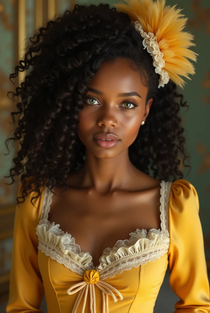 A 2 girl, with a mix of English and African ancestry, She has a very very light brown skin tone that glows softly.. His eyes are colored (Intense greens )stand out on her oval face, and perfectly framed by her dark brown hair completely curly, that falls in waves to the shoulders. She is wearing an elegant 1872 Victorian dress in yellow satin..., with high lace neckline, that highlights her large breasts and her long, tight sleeves, and a flared skirt adorned with ruffles and bows.. A headdress of lace and feathers crowns her appearance., Reflecting an innate elegance that gracefully blends her English and African heritage..
