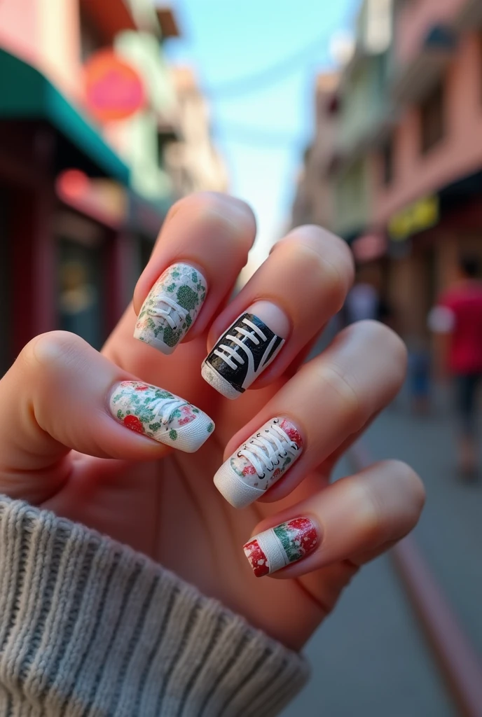 Photo realiste Nail art de baskets, design d'ongles ressemblant à des baskets, rue, tons vifs, photoréaliste, ongles.