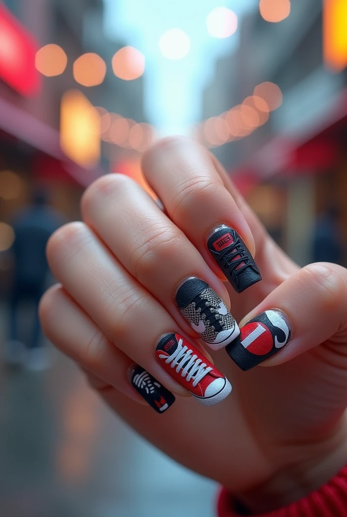 Photo realiste Nail art de baskets, design d'ongles ressemblant à des baskets, rue, tons vifs, photoréaliste, ongles.