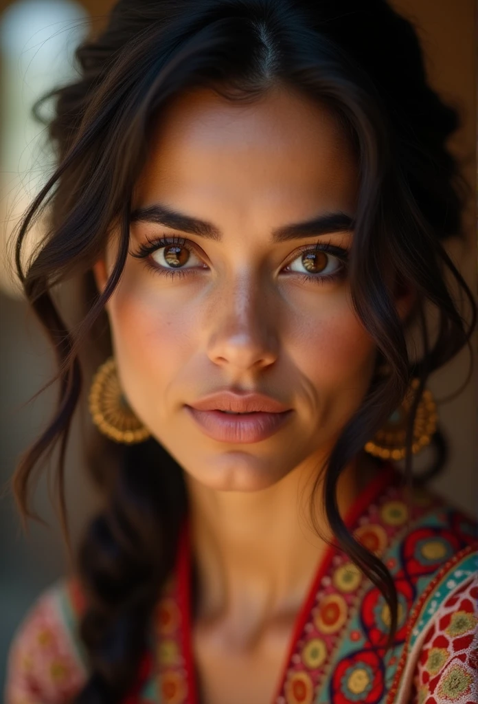 A 50mm close-up photograph of a Moroccan woman in her late 20s, with expressive brown eyes and wavy dark hair. Her skin has a warm, , revealing the subtle details of her complexion. She is wearing traditional Moroccan attire with vibrant patterns and intricate embroidery. The soft, natural light from a nearby window casts gentle shadows, highlighting the contours of her face and the fine details around her eyes and lips. Her gaze is steady and confident, capturing a sense of depth and cultural pride. The background is softly blurred, creating a bokeh effect that enhances the focus on her face and adds an intimate, detailed atmosphere to the image."