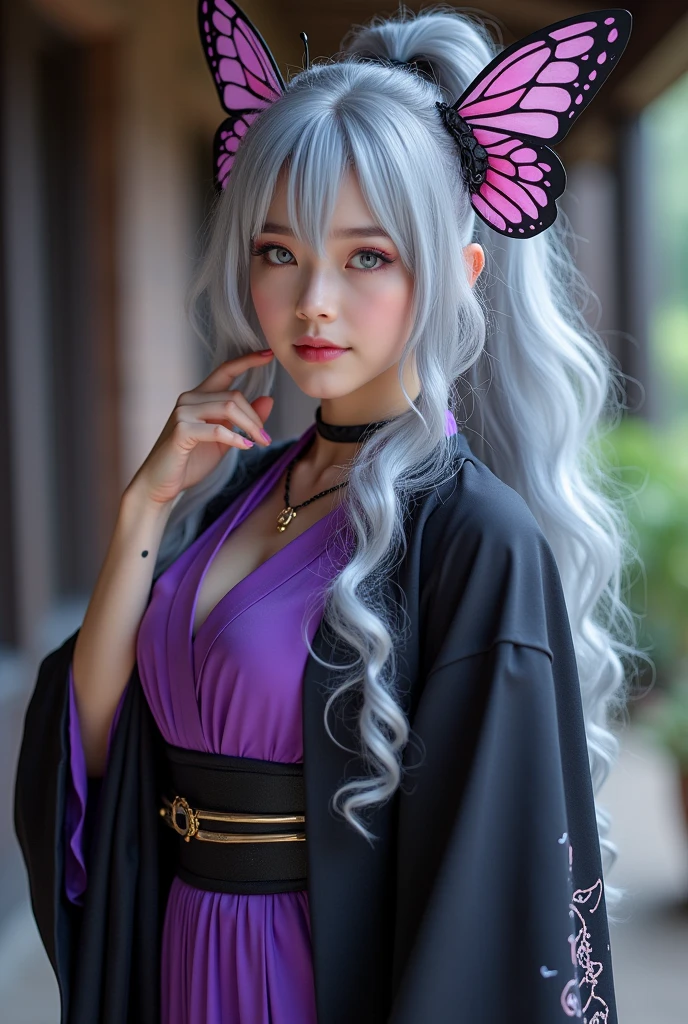 Shinobu, demon slayer, shinobu kocho, anime, ((butterfly-themed outfit, including a black haori with a butterfly pattern, a purple kimono, and butterfly-shaped hair accessories.)), ((shinobu cosplay)), ((A very cute caucasian girl cosplaying shinobu), ((blur background)), 1 girl, wide range photoshoot, wide range, (milf), long beautiful face, clear face, realistic face, real face, absolute reality, ((hot body)), ((demon slayer dress)), ((demon slayer)), ((shinobu dress)), ((cosplay dress)), ((((Huge breasts: 0.9)))), ((no breasts)), coverd, (((Realistic))), ((well dressed)), waist curve pose, front side, (8k, RAW photo, top quality, masterpiece), (Realistic, photorealistic: 1.9), ((Full body shot)), stylish pose, ((Highly detailed skin: 1.2)), ((Realistic: 1.9)), Photos, masterpieces, top quality, (beautiful blue eyes, gorgeous pale grey black curly hair, white skin, thick body, lower abdomen bristles, perfect slim figure), various poses, ultra-detailed face, detailed eyes, a lot of people are looking at her with excitement, (((close-up))), sun light, cinematic, ((photoshoot)), photography