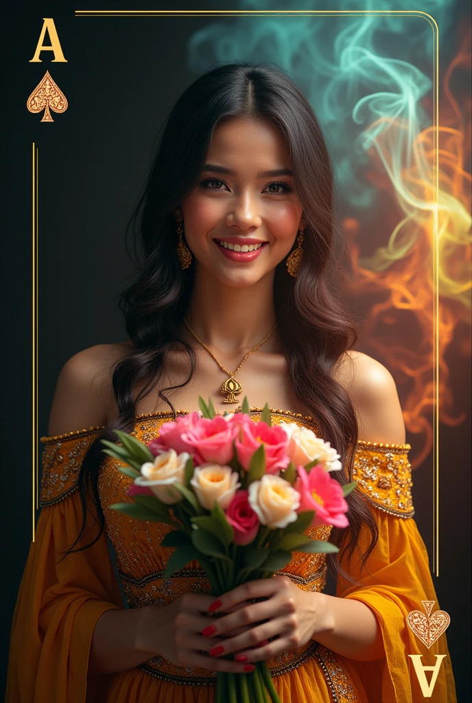 Hyper realistic detailed faces and best eyes a Venezuela very very beautiful woman, smile very attractive, appears, breaks through the ace card wearing a kebaya, and sarong, matching shoes, holding flowers. The background is a gradient of black and golden with rainbow colored Smoke vivid colors art hyper realistic, unbelivable focus scene, super sharp, super portrait face, masterpiece, UHD, 18K