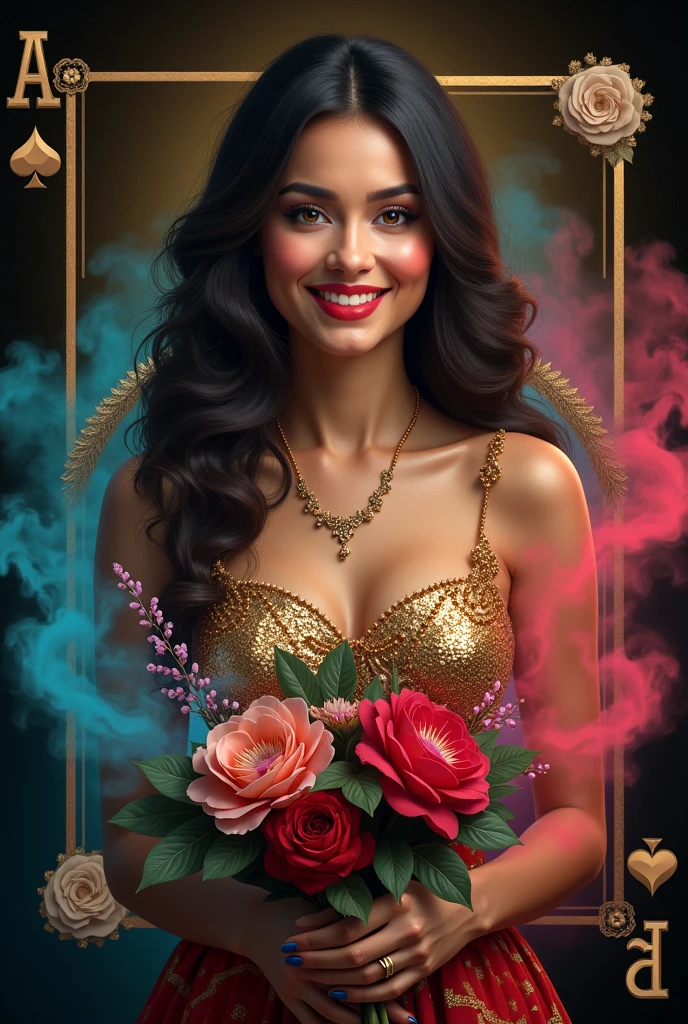 Hyper realistic detailed faces and best eyes a Venezuela very very beautiful woman, smile very attractive, appears, breaks through the ace card wearing a kebaya, and sarong, matching shoes, holding flowers. The background is a gradient of black and golden with rainbow colored Smoke vivid colors art hyper realistic, unbelivable focus scene, super sharp, super portrait face, masterpiece, UHD, 18K