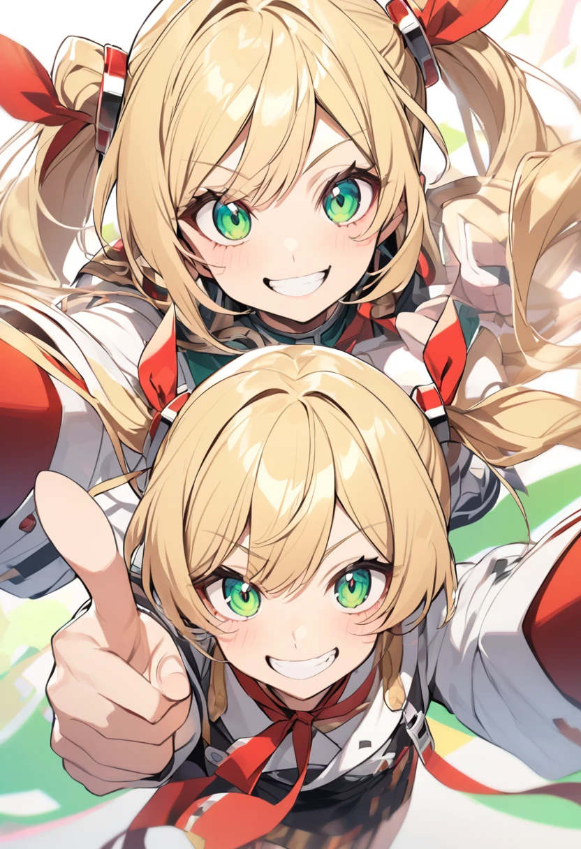 Blonde hair, pigtails, red ribbon, green eyes, smiling, finger pointing