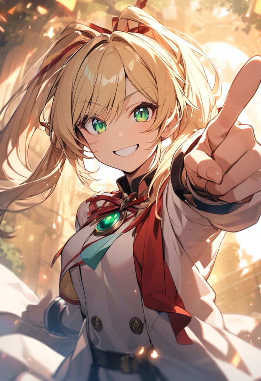 Blonde hair, pigtails, red ribbon, green eyes, smiling, finger pointing