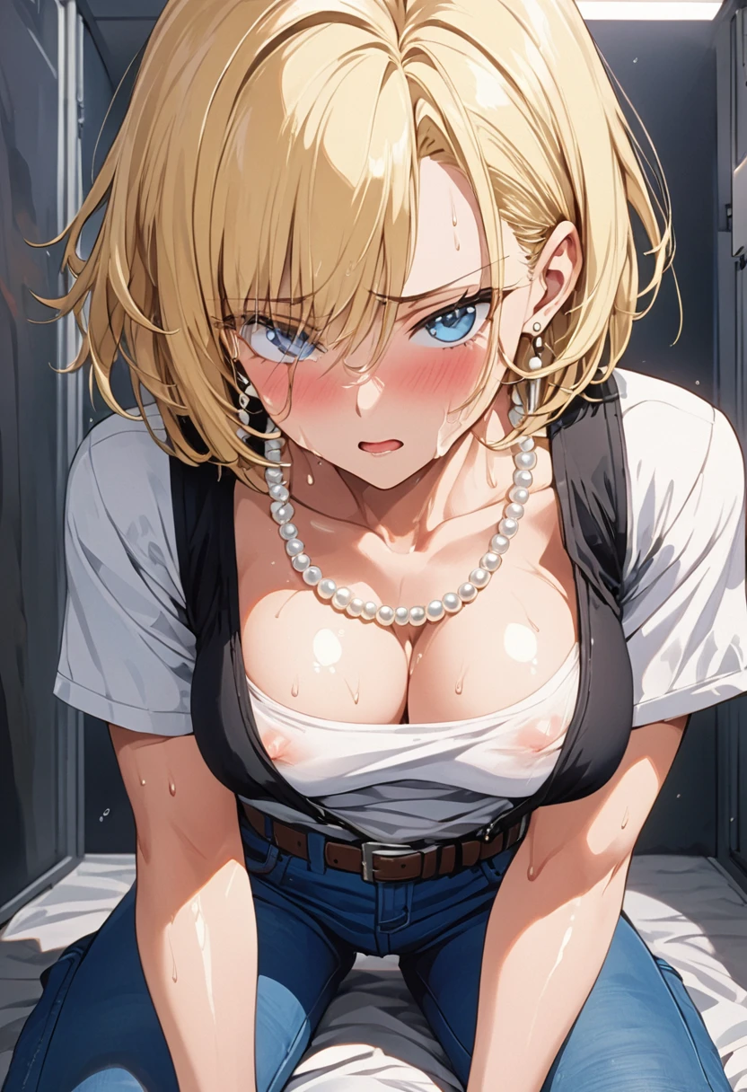masterpiece, Highest quality, High resolution, (Artificial Human Room No. 18),1990s \(style\),(E-cup beautiful breasts)、height: 170cm,Sweating all over the body、vapor、Muscular、((sexy))、(sex),(nsfw),(M-shaped legs),Sweaty、(Breasts spilling out of clothes),独奏,Anime-style painting style, blonde hair, Blue eyes, belt, jeans, pearl_necklace, bracelet, black gloves, white shirt, short hair, short sleeves, earrings, blue short pants, open vest, black vest,middle breasts,Composition focusing on the upper body,(Cool face)、Pointed eyes,A face writhing in pleasure