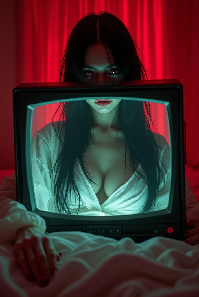 blood red room, Flickering TV screen, 1 girl, long black hair, with disheveled hair, Cover one eye and the face, Bright red eyes, wearing a transparent white robe, Full breasts looming, Half of the body is stuck in the TV screen, spreading his hands,Straighten your body, Red nails are exposed., Pinch the camera, hyper high definition, anatomically correct, textured skin, Super detail, High details, high quality, A high resolution, 8k, hyper high definition, anatomically correct, textured skin, Super detail, High details, high quality, Best Quality, 8k,Leishnampo,Room 2,horror