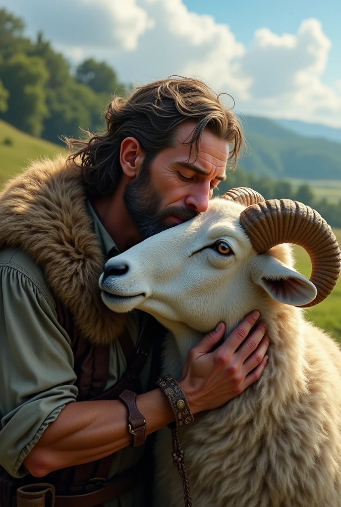 A man kisses a ram