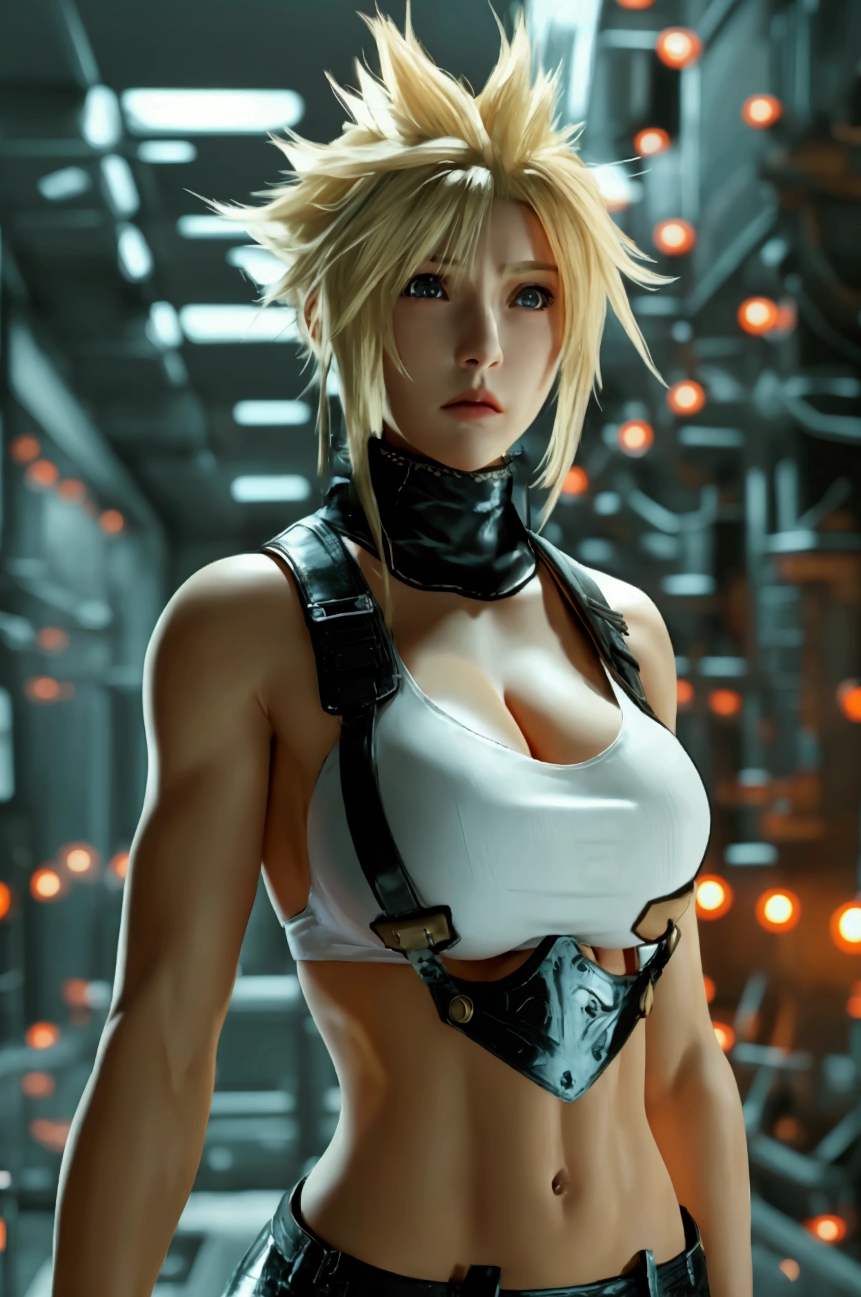 ff7,Cloud,女体化したCloud,Short Hair,Blonde,Golden Hair,,Watching the photographer,Accurate 5 fingers,Feminization, Highest quality, masterpiece, Absurd,4K, Huge Tits!, Big Breasts!,have very large breasts, real,high resolution,Realistic skin,Huge valley!,It emphasizes the cleavage,looking at the camera,Subjective angle,Subjective images,Muscular,Six Pack,Abdominal muscles,1 person,Angle from the front,Facing directly ahead,Watching the photographer,Wearing a white tank top over a black undershirt,Black Skirt,Black Leather Gloves,Black suspenders,Black tights,Red Boots,Expressionless,,Looking at the photographer,Inside the laboratory,Being in the lab,Pale lighting,Machine made choker,A choker made of metal,Crouching position with legs spread apart,Hollow Eyes,empty eye,Putting hands behind the head,