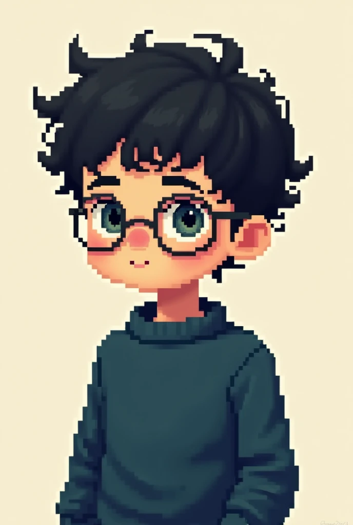 Boy in pixel with short curly black hair, wearing glasses and a dark blue sweater