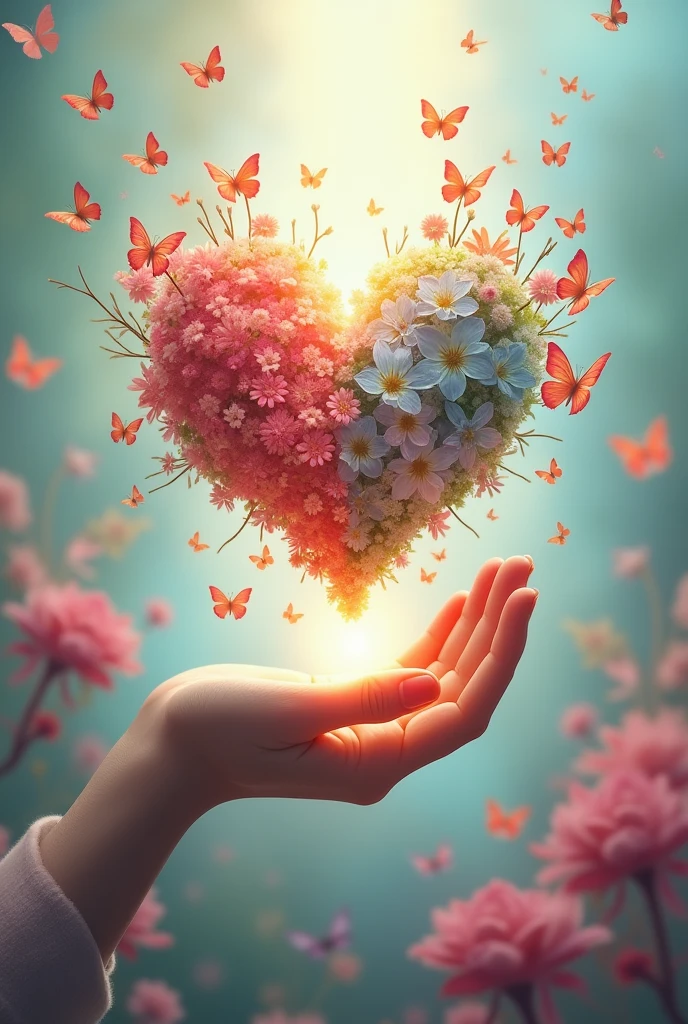 Half heart, half flowers reborn and also butterflies, a small hand that is waving