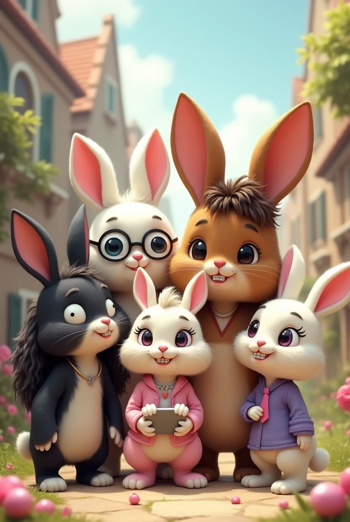 Group of 7 cute bunnies. The first bunny has a piercing in her mouth., She has long black hair and is fleshy fur. The second bunny is white and pink with a huge butt and huge breasts with short golden hair. The third bunny has brown fur and short curly hair and wears braces. The fourth bunny is white with long hair and wears glasses and has an iPad. The fifth bunny has brown fur with pink and black hair and wears glasses with a purple shirt. The sixth bunny is brown with long black hair and wears glasses and has a dress to dance salsa. The seventh bunny is white with medium hair, wears glasses and is super cute.