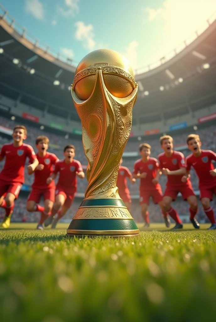 A group of boys celebrating as of they won world cup and trophy is coming to them in slow motion and they are waiting for it
