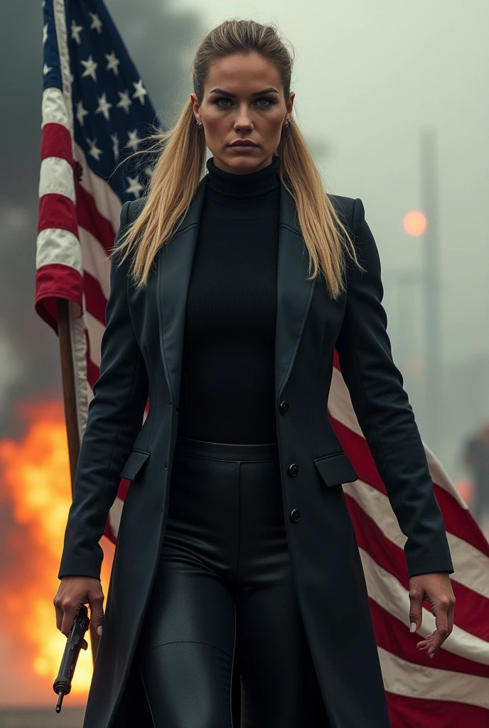 Gina Carano with heavy set wearing Futuristic black suit with black sweater and sandy blonde hair in two ponytails black hat holding an American flag with smoke and fire wearing a black hat